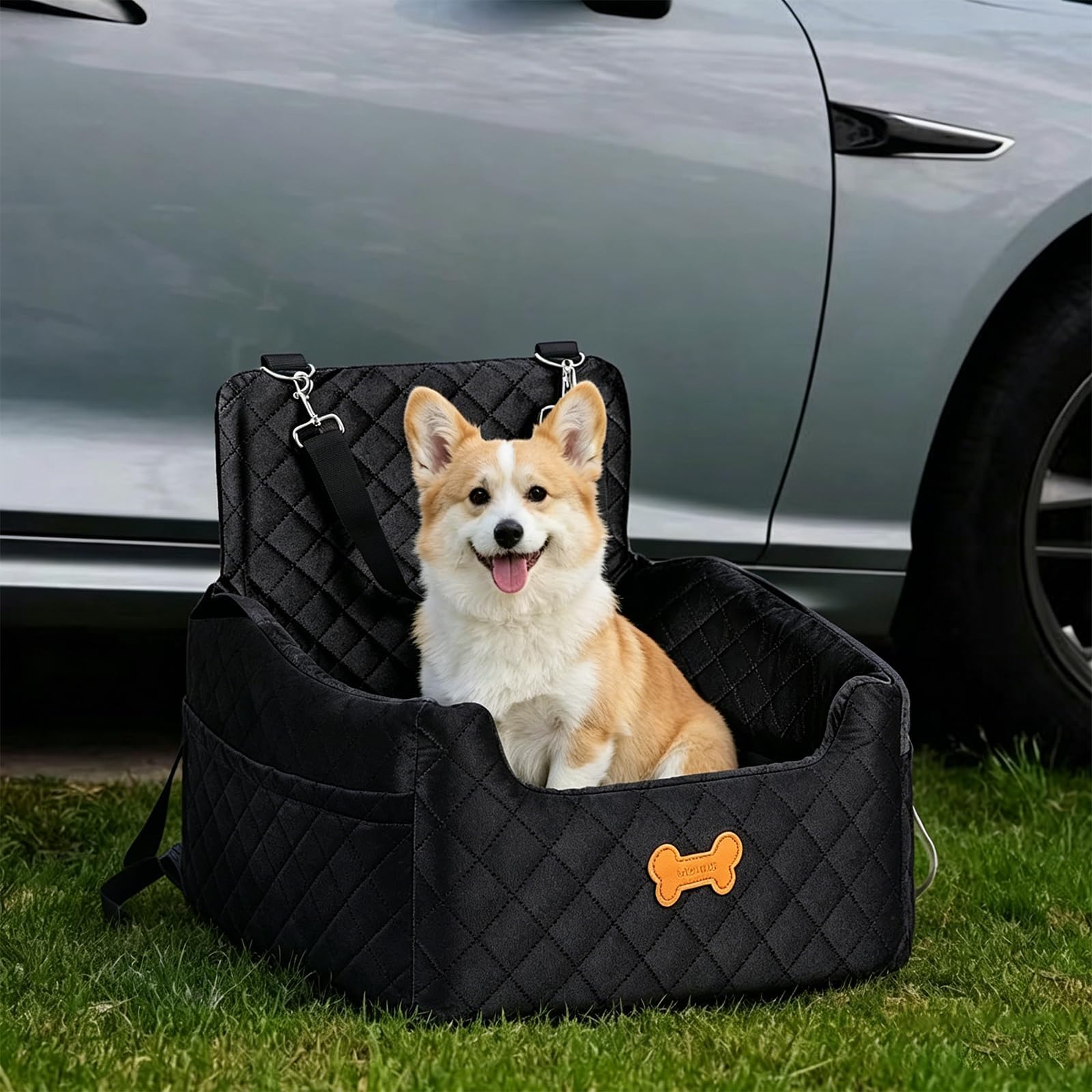 Memory Foam Dog Car Seat with Safety Leashes & Storage Pocket