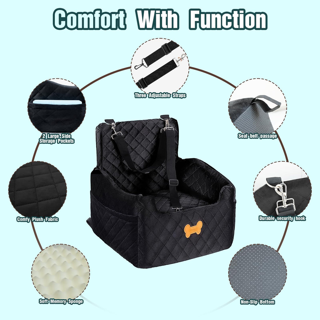 Memory Foam Dog Car Seat with Safety Leashes & Storage Pocket
