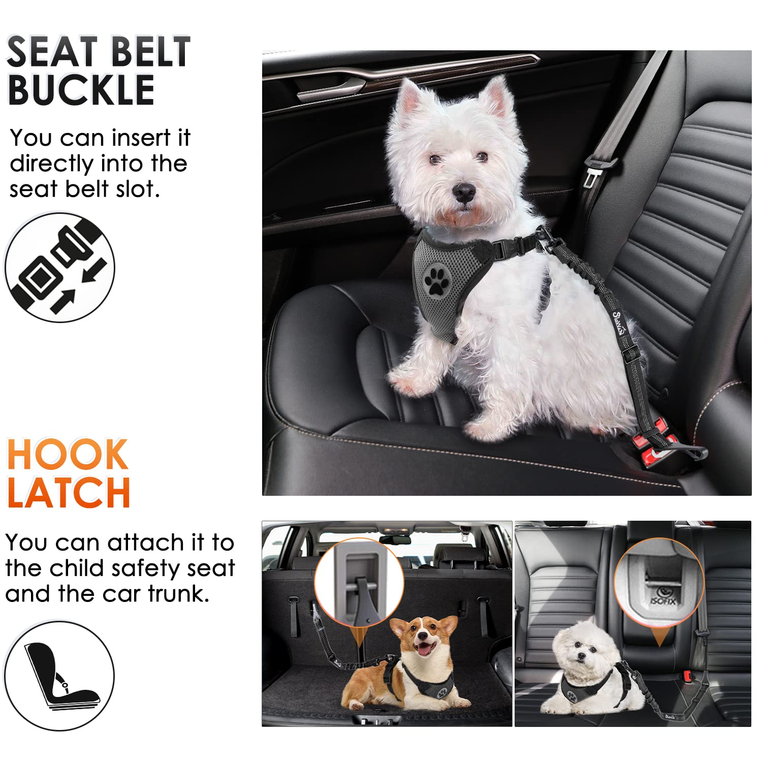 3-in-1 Dog Car Seat Belt with Latch Bar Attachment