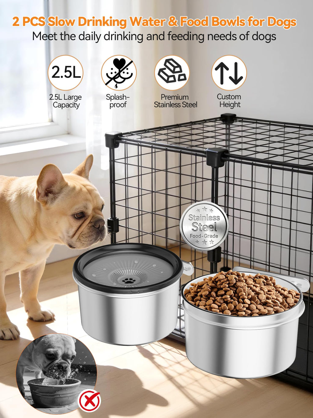 2.5L Stainless Steel Hanging Pet Bowls, 2-Piece Set