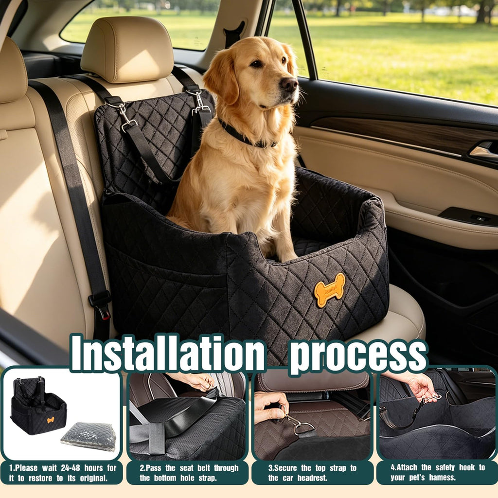 Memory Foam Dog Car Seat with Safety Leashes & Storage Pocket