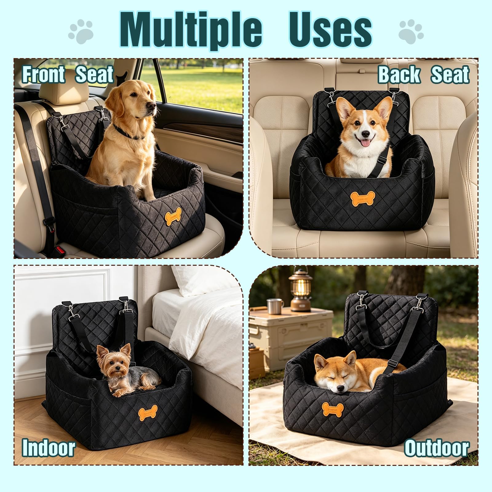 Memory Foam Dog Car Seat with Safety Leashes & Storage Pocket