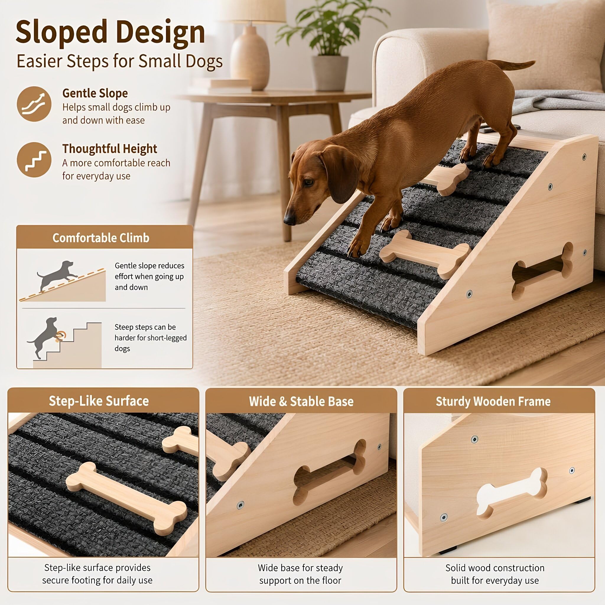 ibasenice Wooden Dog Ramp for Stairs - 6" Height, Anti-Slip for Short Legs