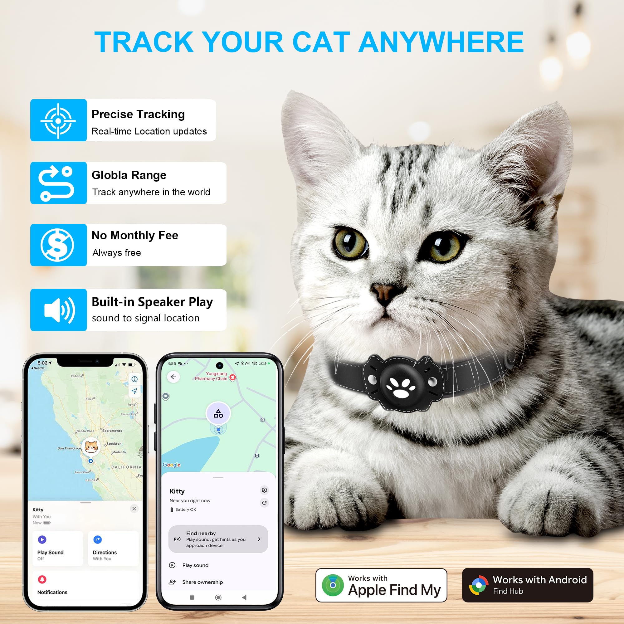 Smart GPS Cat Tracker Collar with Real-Time Tracking