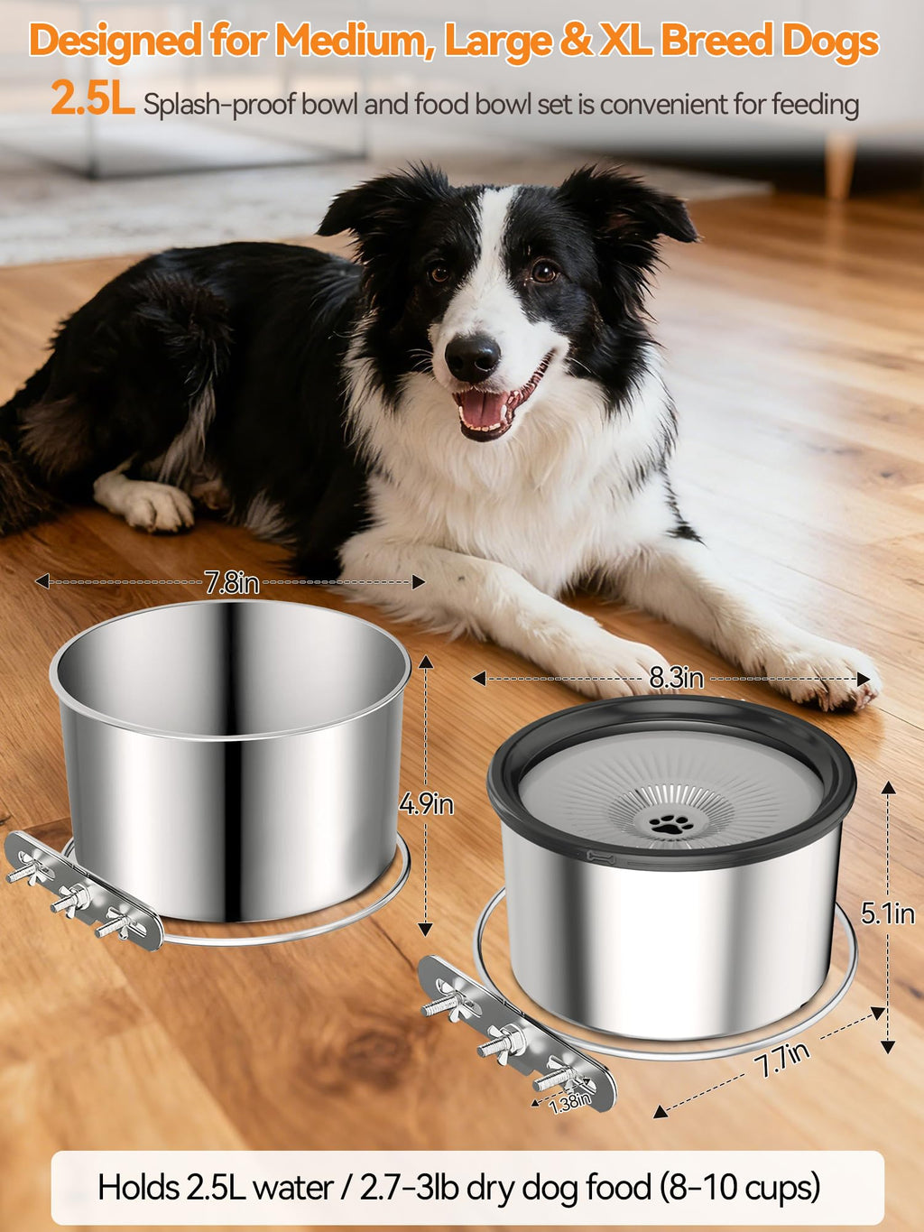 2.5L Stainless Steel Hanging Pet Bowls, 2-Piece Set